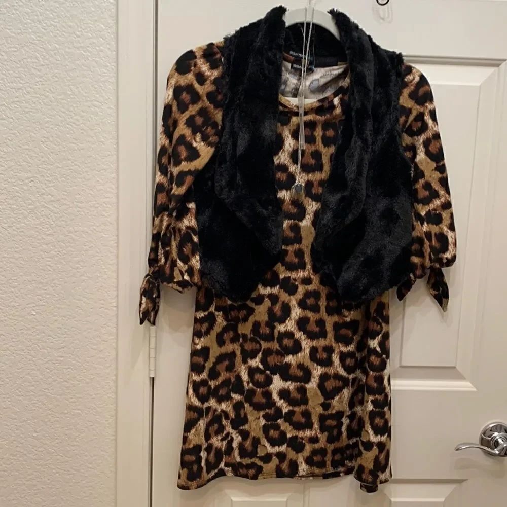 Sequin Hearts Girl Sz 14 Leopard Dress Faux Fur Vest Silver Necklace 3 Piece Set